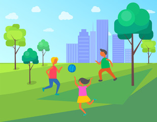 Kids playing in city park vector, children with inflatable ball. Jumping and running child, buildings skyscrapers of big town, park with trees and grass