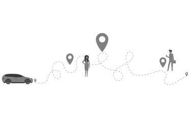 Cartoon picture with people, man, woman on route, path, journey of dotted line on car and point location icon. Vector illustration.