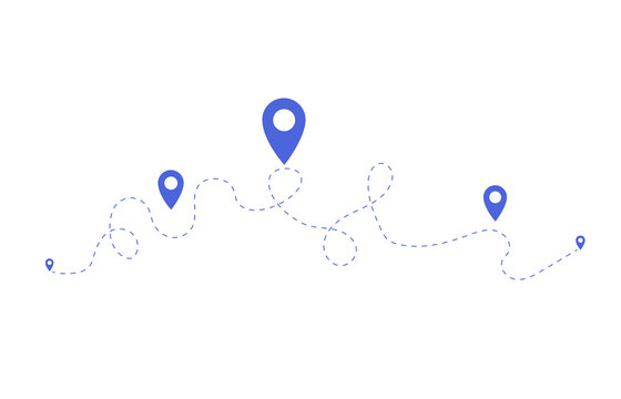 Cartoon picture with route, path, journey of dotted line and point location icon. Vector illustration.