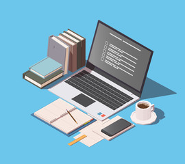 Online education or home schooling icon. Laptop with books, notepad, pencil, ruler, papers, smartphone and cup of coffe. Vector isometric illustration.