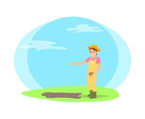 Farmer sowing seeds into garden beds cartoon vector icon. Happy woman in farming uniform, and hat with bag of grain in hand throwing kernels in ground