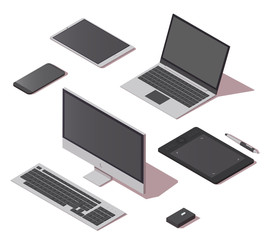 Vector isometric set of digital vector objects. Laptop, graphic tablet with stylus, monitor, keyboard, mouse, smartphone and tablet. Isolated icons.
