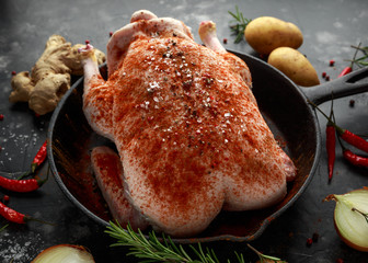 Raw free range duck with spices ready to cook in cast iron skillet, frying pan