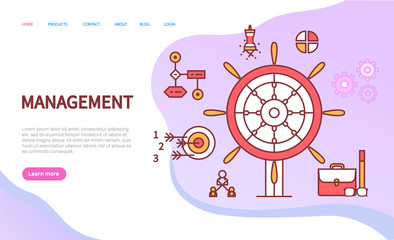 Management web system, flat icons of finance and computer. Website of business concept with button and links. Planning and research skills vector. Webpage template landing page in flat
