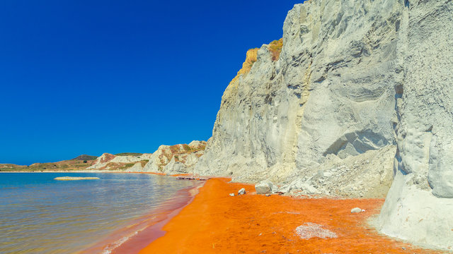Xi Beach, Kefalonia Island, Greece. Beautiful view of Xi Beach, a beach with red sand in Cephalonia, Ionian Sea.