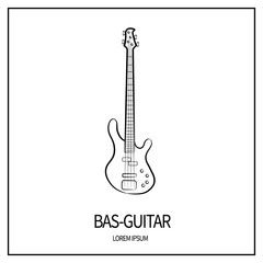 Naklejka premium Bass guitar, stringed and plucked instrument. Linear icon from outlines. Outline. Isolated on white background. Banner with frame. Vector illustration
