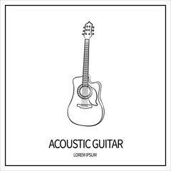 Acoustic guitar, string-plucked instrument. Linear Icon isolated on a white background. Banner with frame. Vector illustration