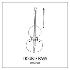 Double bass, stringed instrument. Linear icon, outline. Isolated on white background. Banner with frame. Vector illustration