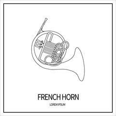 French horn, copper pipes. Jazz tool. Icon of zi lines isolated on white background. Outline. Banner with frame. Vector illustration