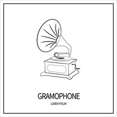 Gramophone with vinyl plate Linear icon isolated on white background. Outline. Banner with frame. Vector illustration
