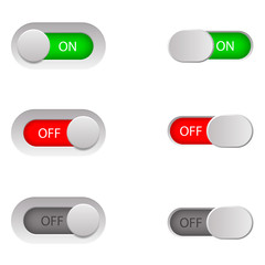 On and Off slider buttons. Red and green switch interface buttons. isolated on white background