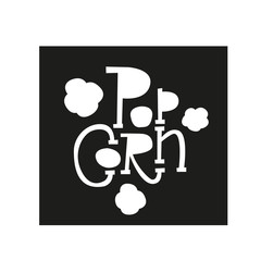 Lettering Sticker Popcorn with popping. Hand drawn typography sign. Black and white paper cut logo. Vector illustration. Design for print on pack, packaging, t shirt, poster, banner, flyer card.