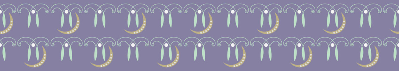 Elegant ornamental seamless vector border pattern with gold crescent moons. Abstract, with an Art Nouveau, Art Deco style. Lavender background with mint green, gold, cream design. Edge trim, ribbon.