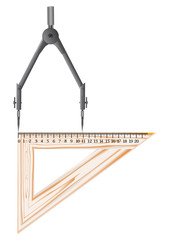 Metal compasses for use in drawing work and geometry lessons, schoolchildren and students in educational institutions. Ruler, triangle, compass - student set.