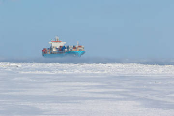 Container cargo ship on icy waters
