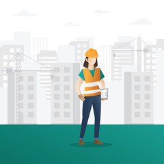 Female construction worker. Female construction worker holding clipboard. Building and construction industry cartoon background with workers. Construction Worker character vector design