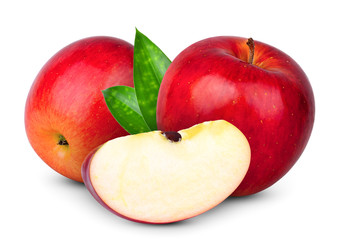 whole and slice fresh red apple with green leaf isolated on white background
