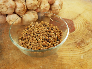 Garlic, pepper and dry chili main ingredient of cooking Thai food preparation by blending and mixing in stone mortar and mix in meat, pork or chicken for cooking Thai curry, have space for write wordi