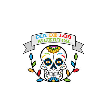 Dia de los Muertos, Day of the Dead vector illustration. Design for banner or party flyer with sugar skull, flowers and decorative border. - Vector