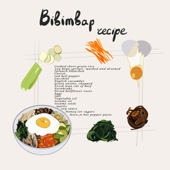 Illustration for recipe bibimbap. Bibimbap korean traditional dish with fried egg. Asian cuisine. Set of bibimbap products. Hand drawn vector illustration.