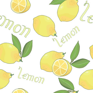 seamless pattern with tasty ripe lemons green leaves and lettering vector illustration