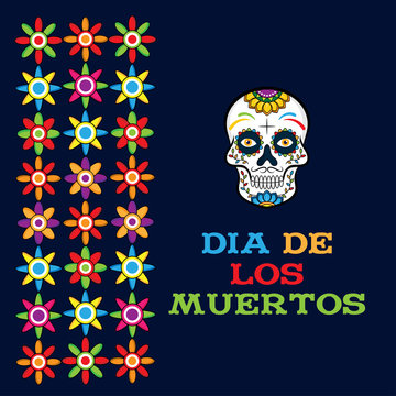 Day of the dead, Dia de los moertos, banner with colorful Mexican flowers. Fiesta, holiday poster, party flyer, funny greeting card - Vector