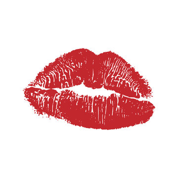 Vector illustration of womans girl red lipstick kiss mark isolated on white background. Valentines day icon, sign, symbol, clip art for design.
