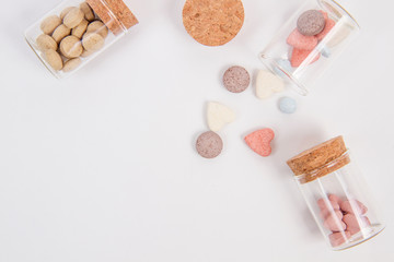 vitamins for animals cats, dogs on a white background. flat lay, copy space, top view