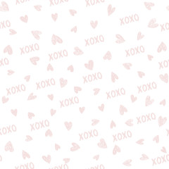 XOXO brush lettering signs seamless pattern with hearts, hugs and kisses phrase, Internet slang abbreviation XOXO symbols, vector illustration.