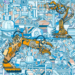 Vector seamless pattern. Abstract background with robotic arms and industry or steampunk machines. Fantasy technology or factory illustration with line art hand drawn sketch elements.