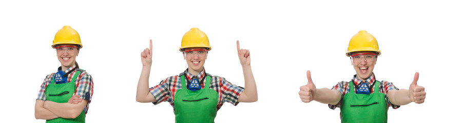 Female worker wearing coverall isolated on white