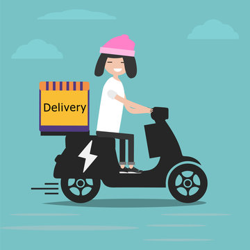 Young cartoon character on electric scooter delivery with parcel box on the back. Ecological city food delivering service concept with courier carrying package on modern city background.