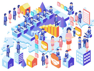 スマホとパソコンによる経理ビジネス-家とビルのアイソメ図ベクターコンセプトイラスト日本地図背景