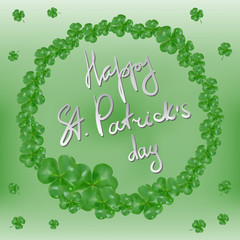 Wreath of realistic clover and congratulations on Saint Patrick's Day. Three-leaved shamrock. Symbol of Patrick's Day. 3d realistic vector illustration. Party Invitation Design, Typographic Template.