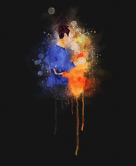 Runny and Splashed Watercolor Illustration of a man kissing his partner