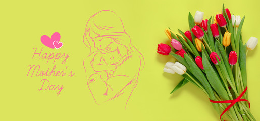 Happy Women's Day. Spring tulips on background. International Women's day.