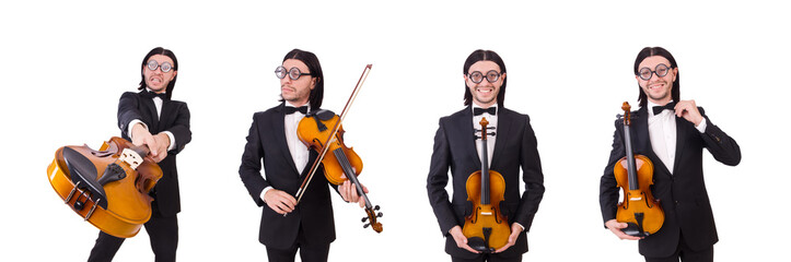 Funny man with music instrument on white