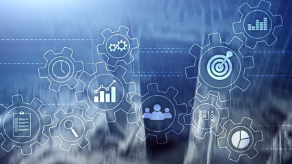 Business process automation concept. Gears and icons on abstract background