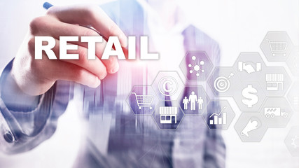 Retail Technology Communication Shopping Virtual Screen Concept. Marketing Data management. Futuristic Online shopping. Abstract Background