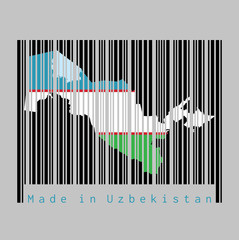 Barcode set the shape to Uzbekistan map outline and the color of Uzbekistan flag on black barcode with grey background.