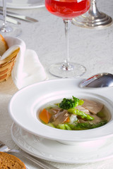 Light soup with rabbit and broccoli