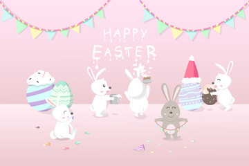 Easter, greeting card holiday, rabbits decorate the room for celebrate party with ornate egg fancy, cute bunny cartoon invitation vector illustration