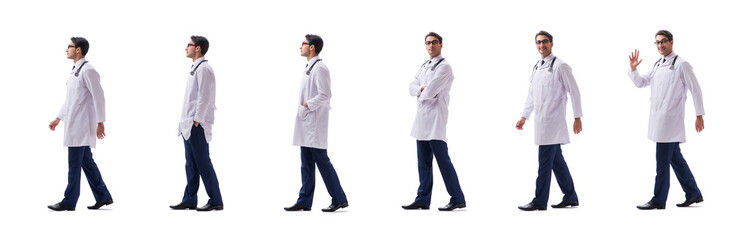 Young doctor physician standing walking isolated on white backgr