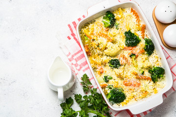 Casserole from pasta and vegetables in baking dish.