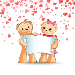 Happy teddy bears family holding paper scroll with spare place for text in paws, isolated on background of symbols of love. Romantic plush toys, Valentines Day