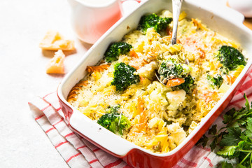 Casserole from pasta and vegetables in baking dish.