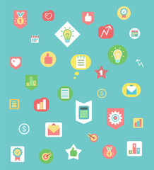 Business icons pattern, work items and graphics vector. Idea symbol or light bulb, medal and calculator, message and dollar sign, thumb up and target in flat style