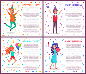 Happy birthday people on party vector, man and woman celebrating, text poster. Male holding flag, lad with inflatable balloons, wine and roses bouquet