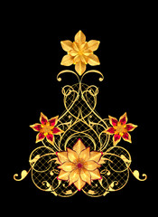 3d rendering. Golden stylized flowers, delicate shiny curls, paisley element. Decorative corner, pattern.