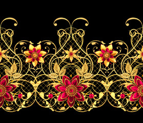 3d rendering. Seamless pattern. Golden textured curls. Oriental style arabesques, stylized flowers, delicate shiny swirl, paisley element, shining background.